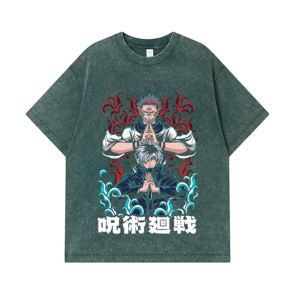275 GSM Washed T-shirts 100% Cotton Jujutsu Kaisen V49 Gojo Sukuna Print Unisex Heavy Cotton T Shirt