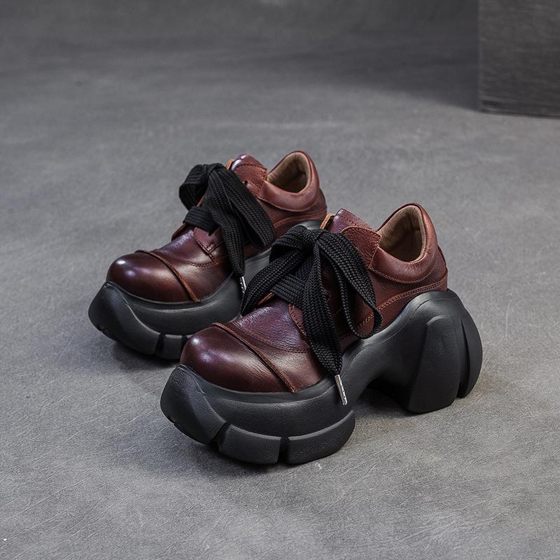 Fashion GKTINOO Genuine Leather Thick Sole Height Increasing Lace Up Pumps 2025 Spring New Casual Versatile Women's Platform Shoes