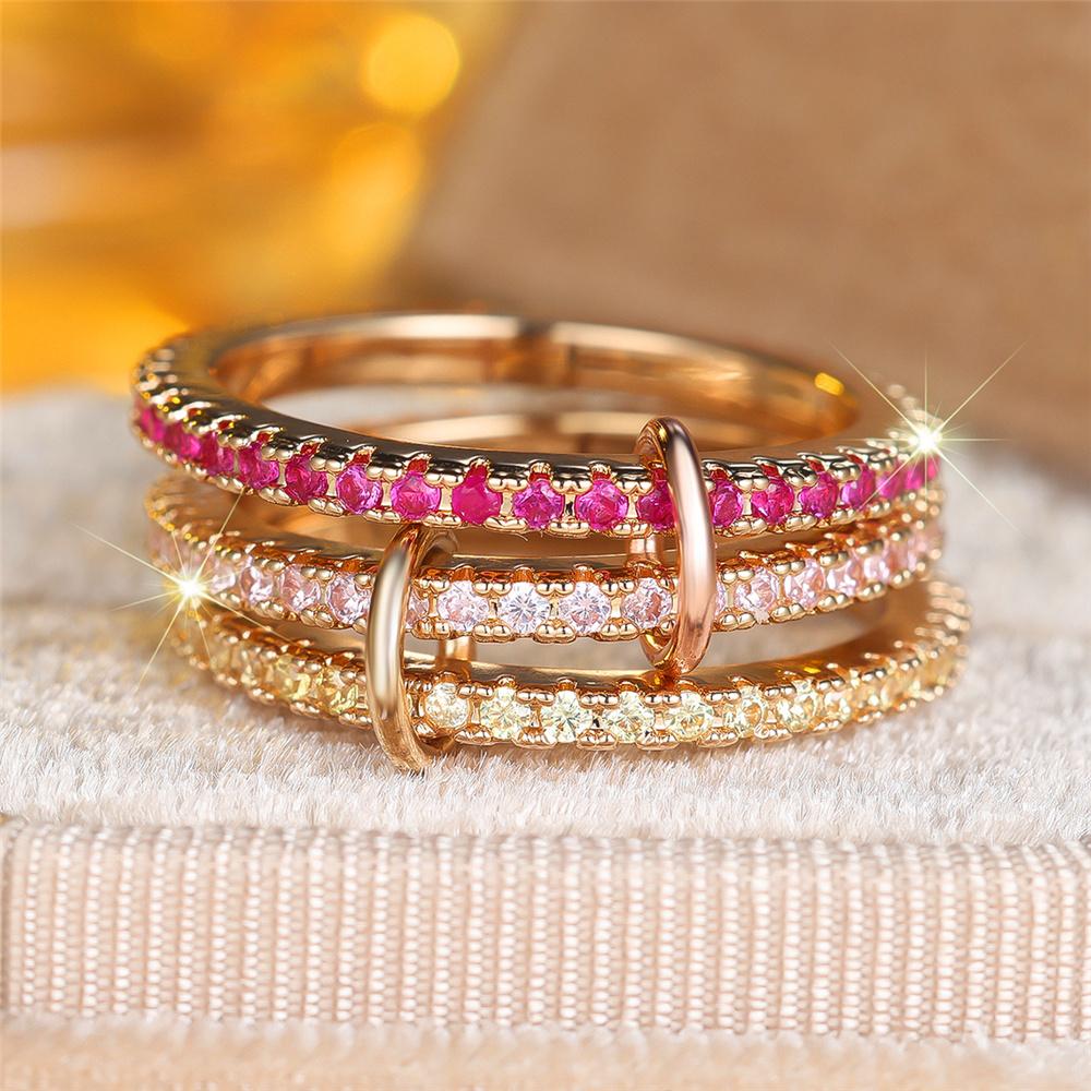 Luxuriöses Damen-Verlobungsring-Set mit weißen und roten Zirkonsteinen, Vintage-Goldfarbe, Braut-Eheringe, Party-Schmuck für Frauen