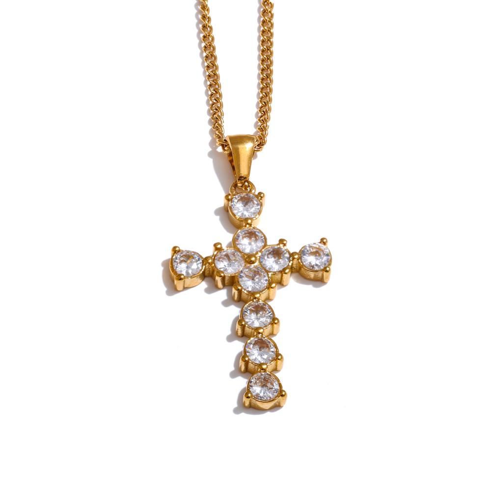 Yhpup Shiny Cubic Zirconia Cross Pendant Necklace 18K Gold Color PVD Plated Fashion Trendy Casting Technology Popular Jewelry