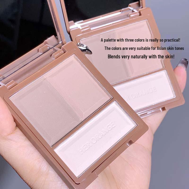 HERORANGE Three-Color Contour & Highlight Palette – Matte Nose Shadow Powder in Warm Gray Brown for Women, Autumn and Winter.