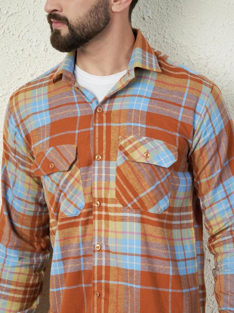 Oranžová kostkovaná flanelová košile s našitou kapsou – 100% česaná bavlna, 180 GSM, dlouhé rukávy