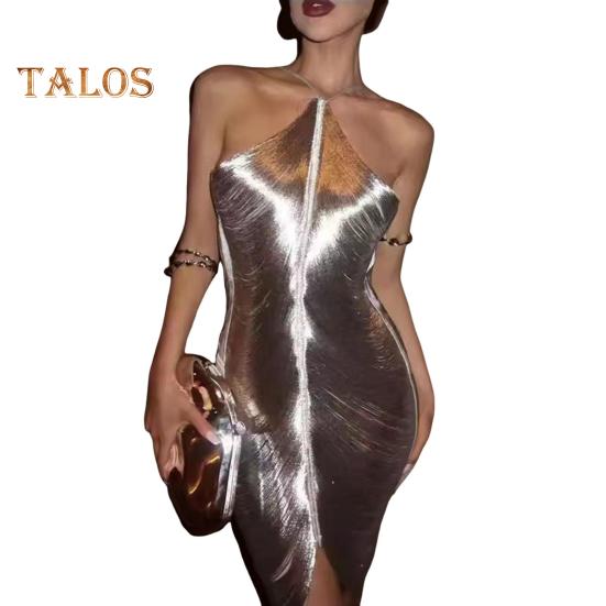 Women Party Dress Glossy Tassel Halter Neck Backless Sleeveless Split Hem Solid Color Slim Fit Off Shoulder Club Party Banquet Mini Dress