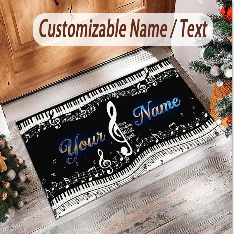 Music Piano Theme Soft Crystal Velvet Rug Custom Name & Text Print Non Slip Floor Rug for Bedroom Living Room