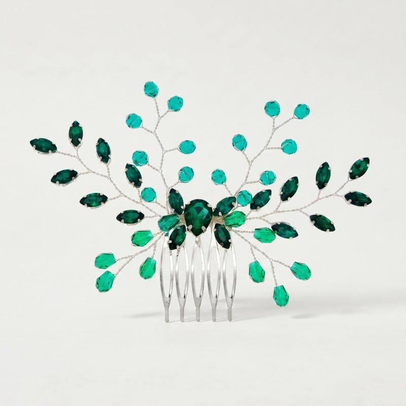 Elegant Green Crystal Leaf Hair Comb Wedding Birthday Party Office Wear Handmade Luxury Accessory