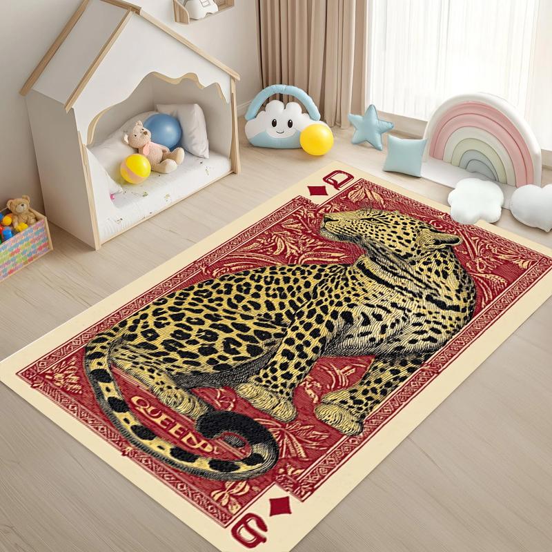 

Red Background Playing Card Leopard Rug Carpet Mat Non-Slip for Living Room Bedroom Retro Home Decor 40x60cm