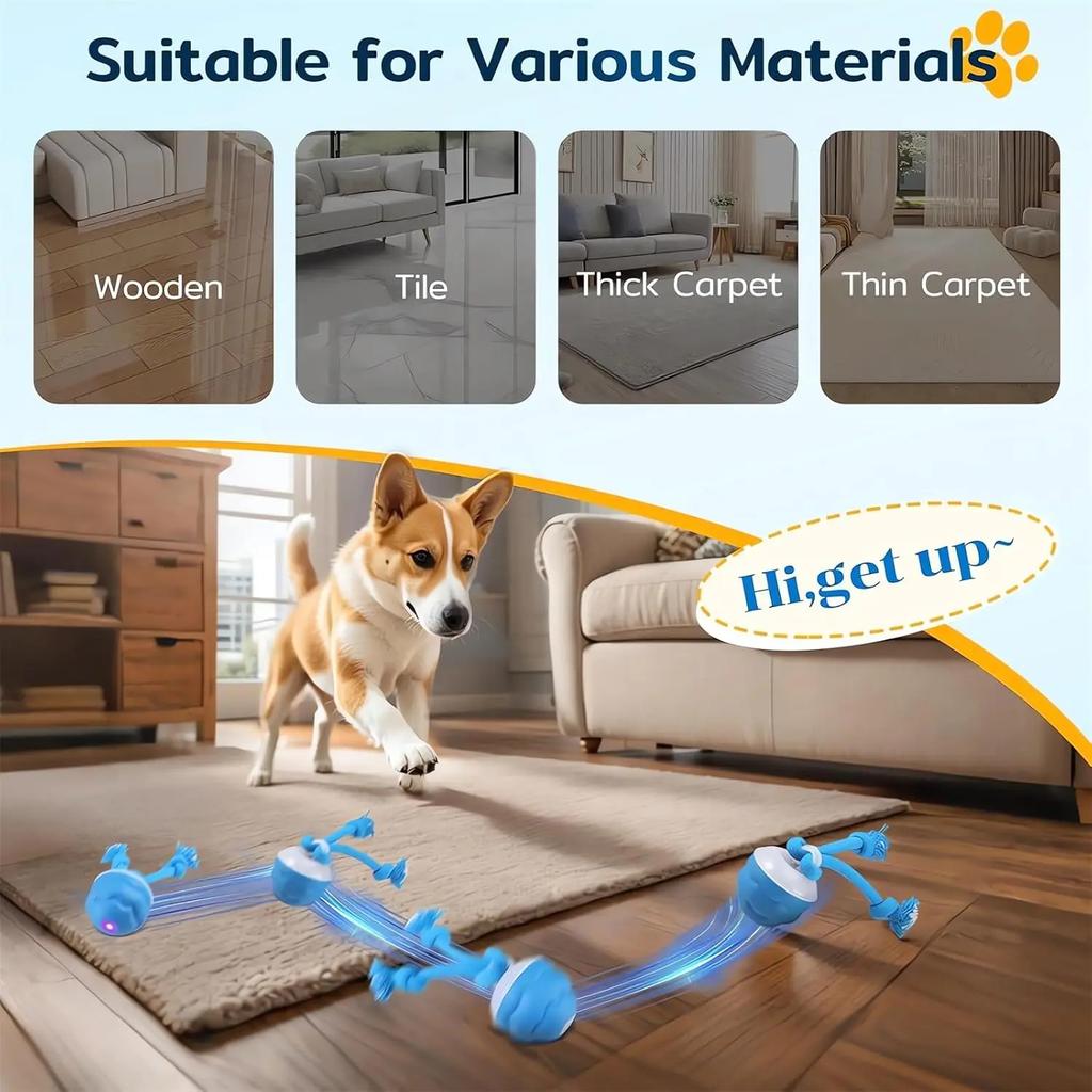Interactive Smart Dog Ball Toy with Rope, Automatic Moving Rolling Bouncing Pet Toy, USB Rechargeable for Puppies & Dogs