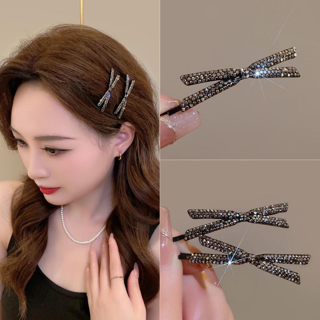 Black Rhinestone Cross Style Hair Clip for Women - Elegant Flyaway, Bangs & Side Double Clip Hairpin