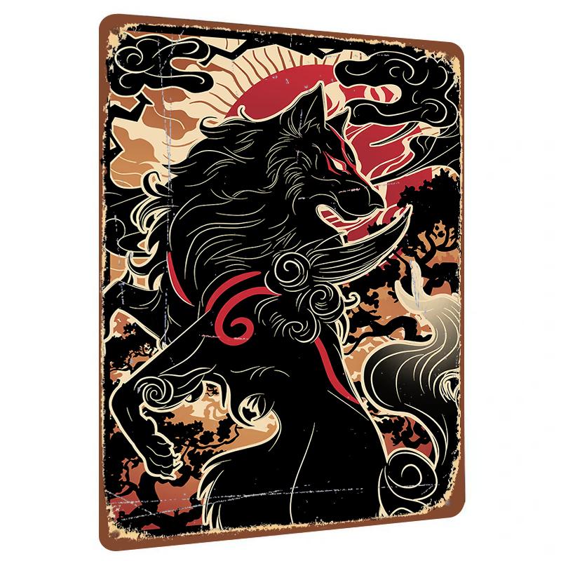 

Japanese Traditional Wind God Wolf Totem Metal Iron Painting Home Decor Wall Art Vintage Mural Hanging 20x30cm（7.8x11.8inch）