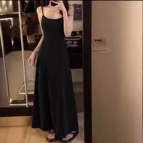Black Spaghetti Strap Dress for Women, Summer Slim-fit Little Black Dress, Sleeveless Base Dress, French Long Skirt, Slimming Dress