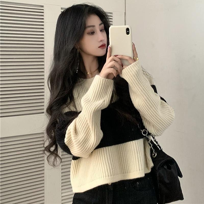 Pulover japonez cu mâneci lungi, tricot decupat în dungi, cu croială lejeră și top pulover