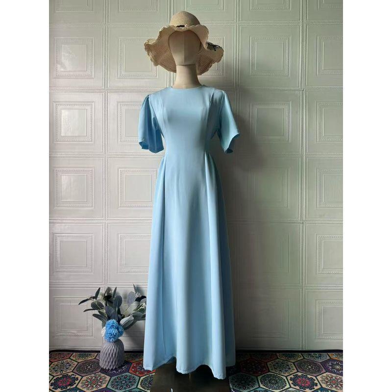 

Западный стиль Новая мода круглый вырез рукава-фонарики шнуровка приталенное платье женское платье с рукавами-буфами Light blue S