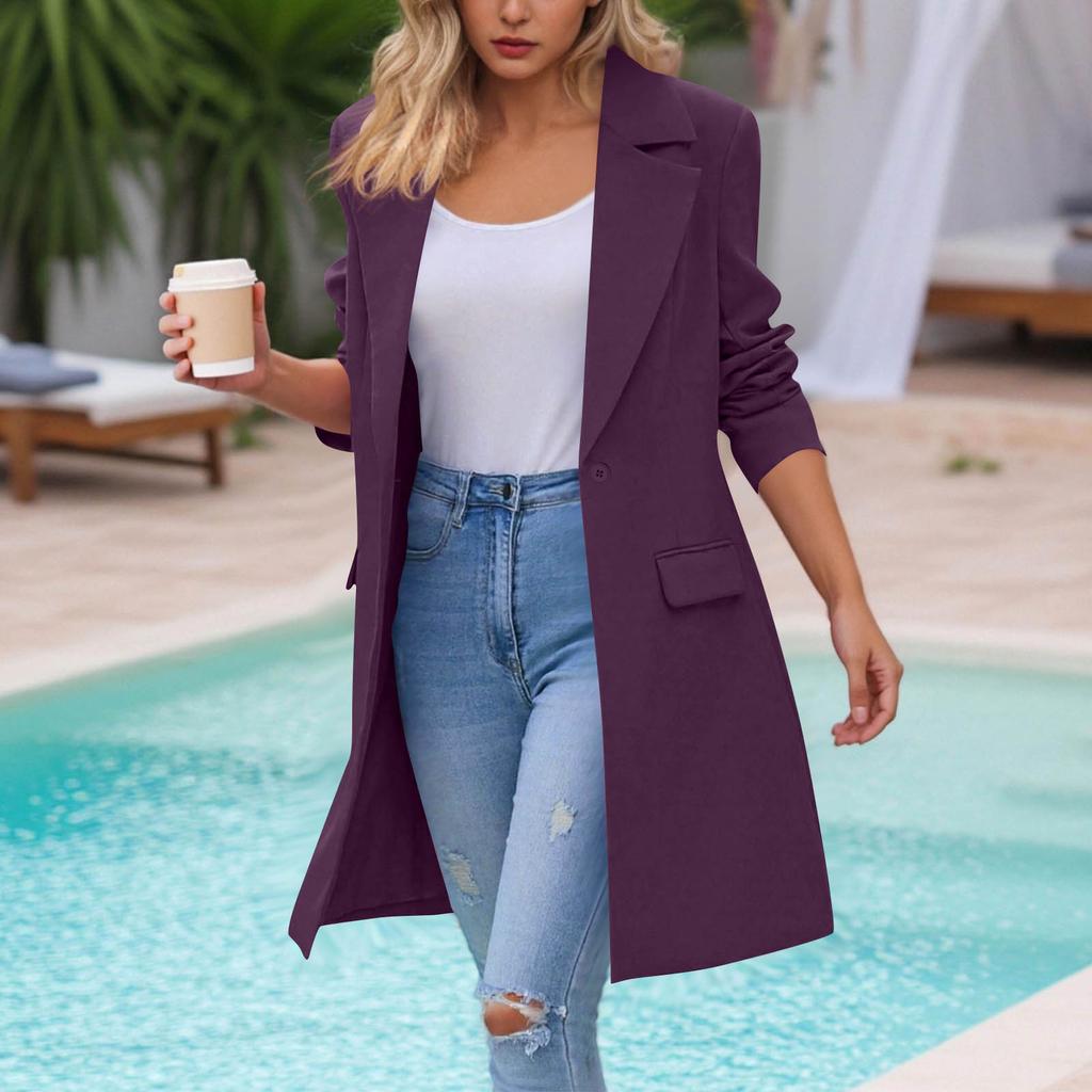 Women's Fashion Casual Long Sleeve Long Suit Jacket With Pockets