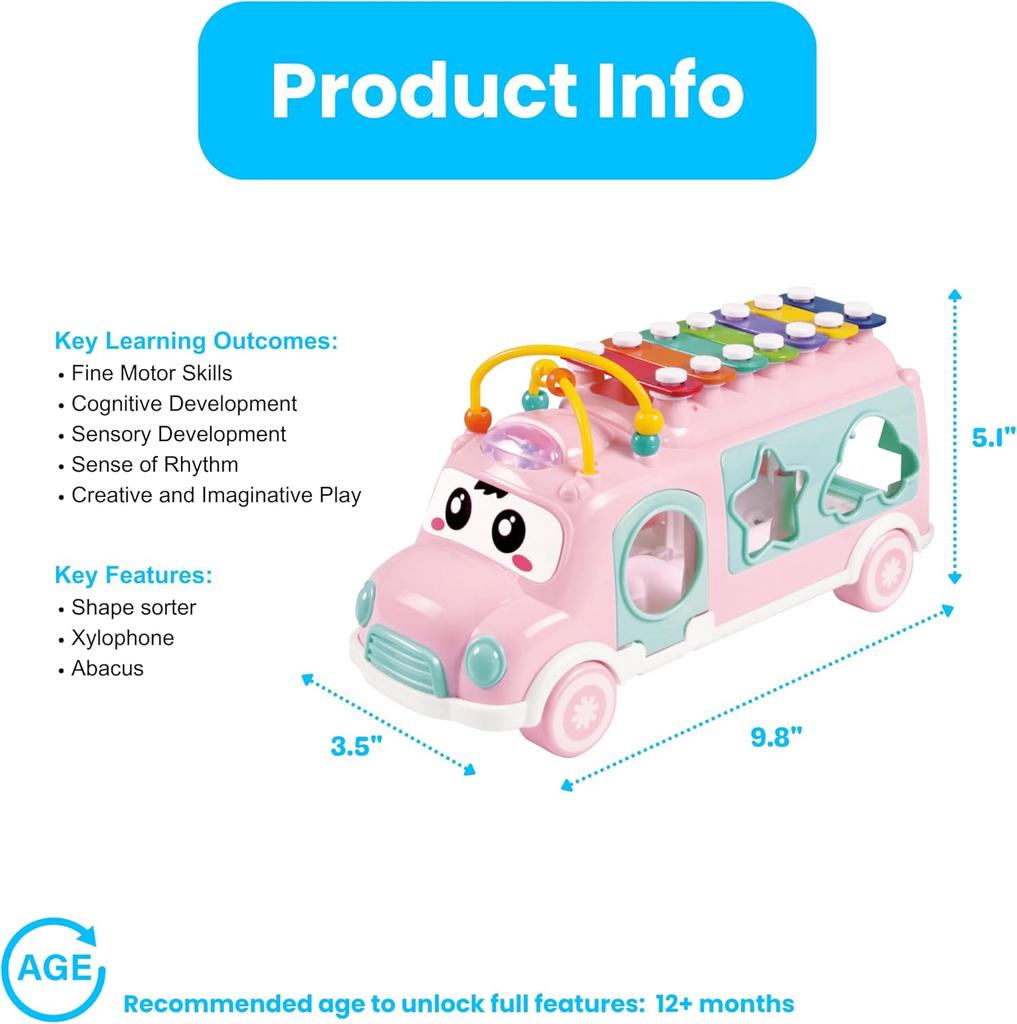 Interactive Musical Bus Toy for Toddlers - Xylophone, Abacus, Shape Sorter, and Push/Pull & Go Feature - Kids Educational Gift