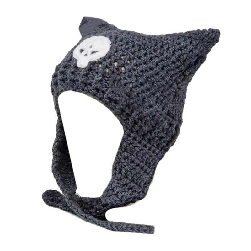 Y2K Anime Ear Cap Windproof Hat Female Beanie Headwear Handcrochet Pullover Hat