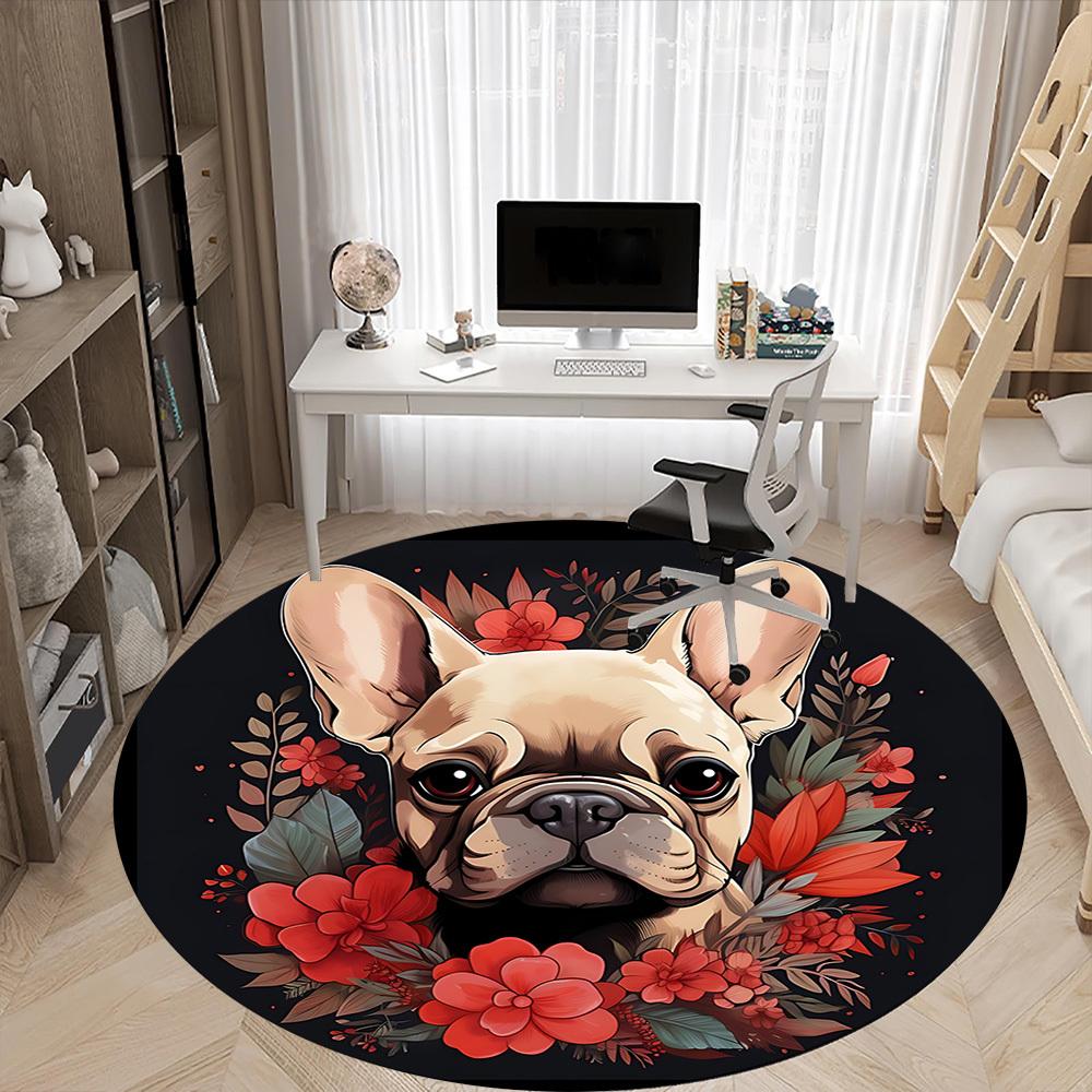 1pc French Bulldog Chair Carpet for Office, Round Non Slip Durable Large Size Office Carpet, Suitable for Office