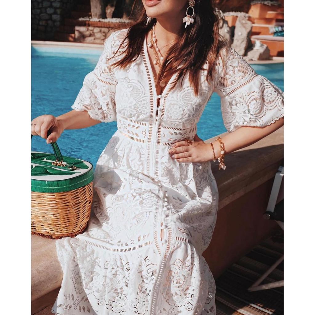 Summer New European American Style Women's V-neck Short Sleeve Hollow Out Single-breasted Lace Dress