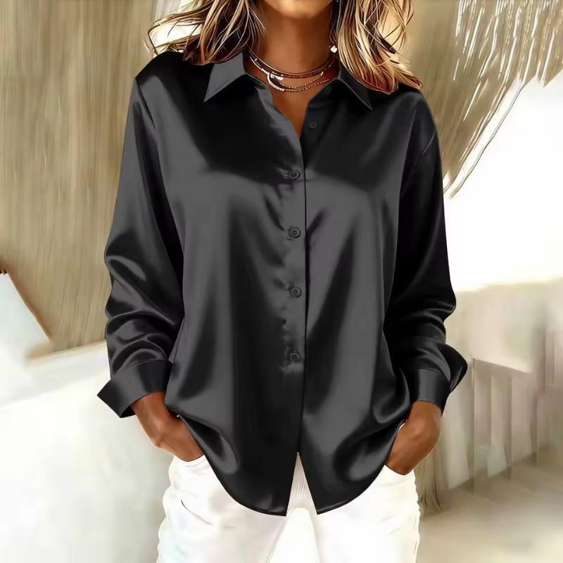 Women's Long Sleeve-sleeved Shirt Lapel Satin Button Cardigan Office Commuting Elegant Simple Tops Basic Loose Silk Blouses