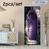 2pcs Dreamy Purple Magic Door Wall Sticker Self-adhesive Removable Fairy Tale Style Home Wall Sticker Vine Flower Pattern Art Ba