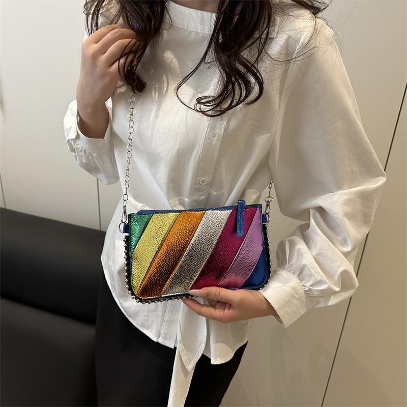 Early Spring New Rainbow Stripes Contrasting Color Splicing Fashionable Design Chain Shoulder Messenger Bag