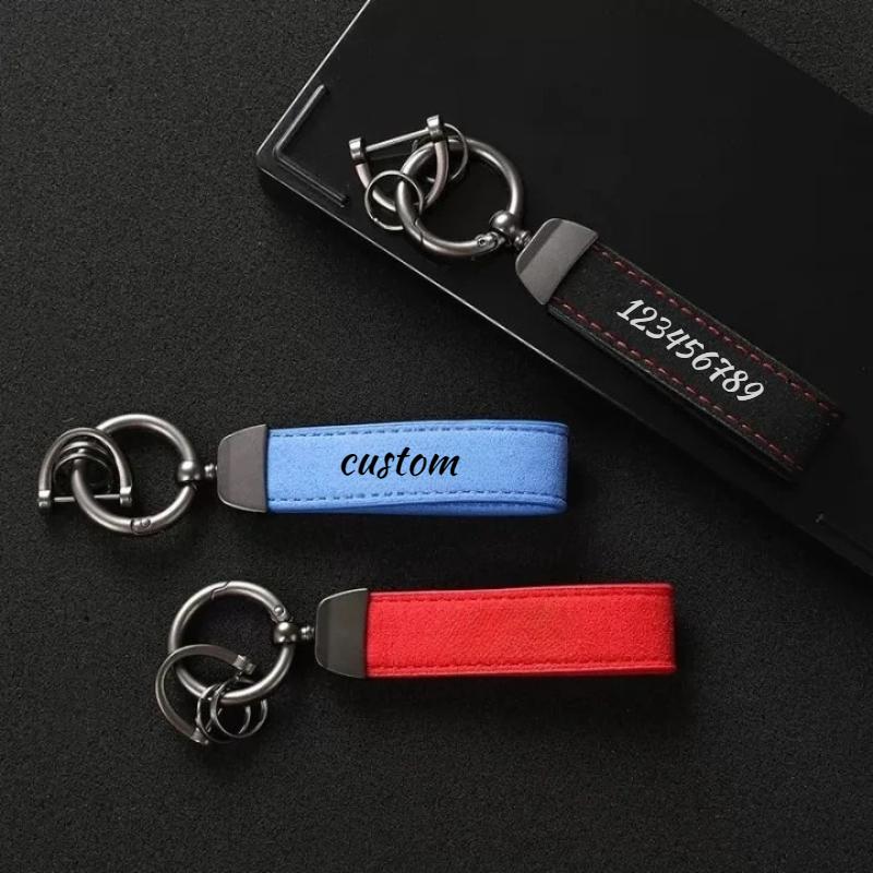 Personalize Name Number Suede Leather Car Keychain Business Gift Laser Custom Logo Leather Bag Keyring Men Women Key Chain Ring