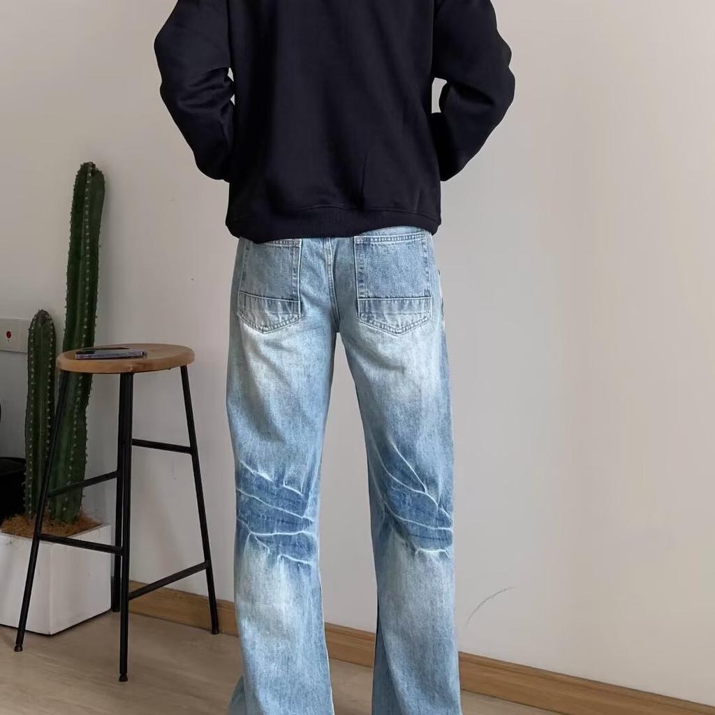 High Street Denim Pants For Men, Retro Distressed, Loose Straight Leg Pants, Wide Leg Sports Pants, Trendy