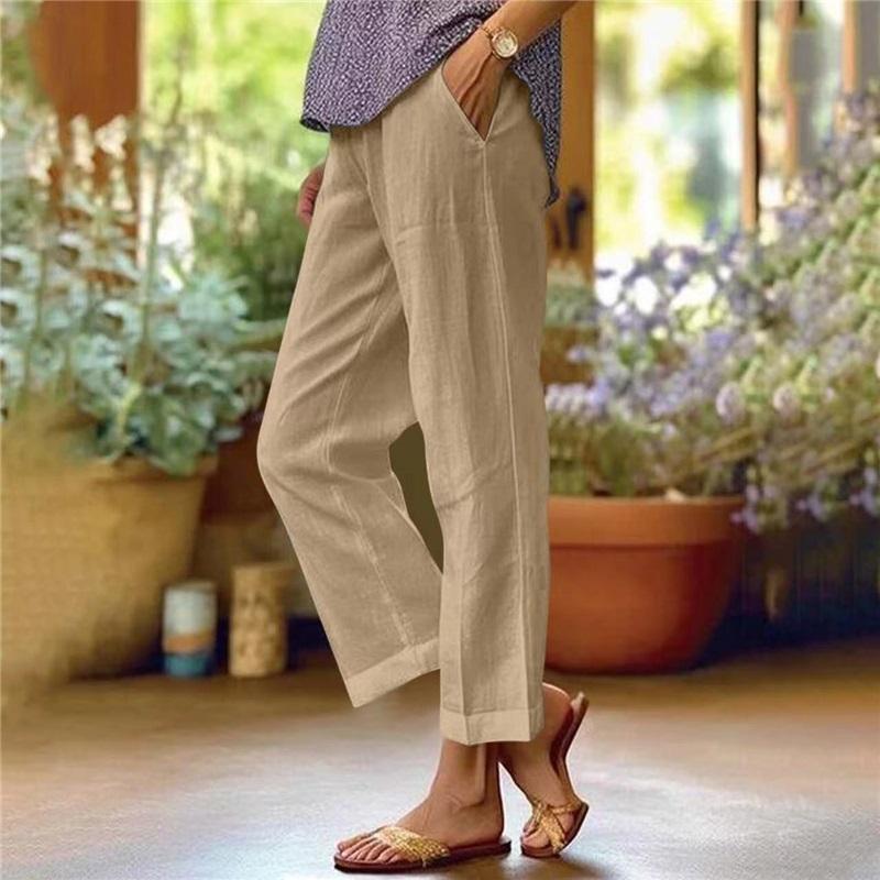 Women's Cotton And Linen Plus Size Plus Loose Solid Color Elastic Waist Pocket Straight Casual Pants