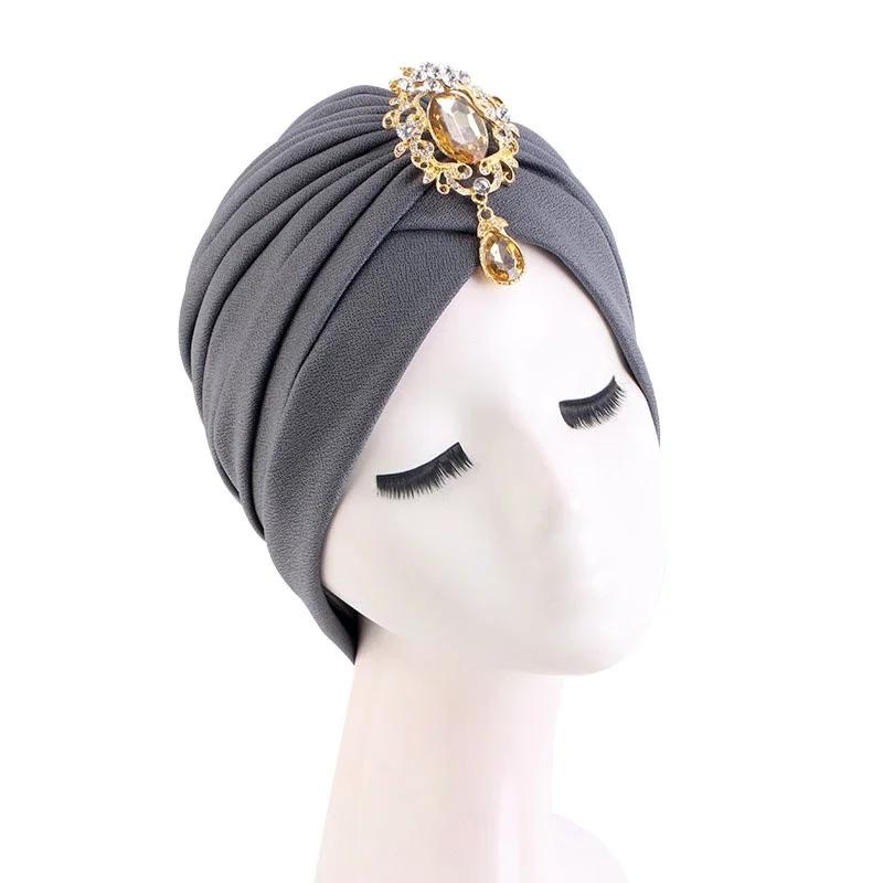 Indian Women Chemo Cap Muslim Diamonds Hijab Pleated Turban Wrap Headscarf Beanies Hair Loss Bonnet Hat Femme Turbante Mujer New