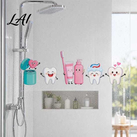 Feuchtigkeitsbeständige PVC-Wandaufkleber Cartoon-Zahnaufkleber Wasserdichte Abziehbilder Selbstklebende Kunst Abnehmbare Aufkleber für Kinder Niedliches Zähneputzen