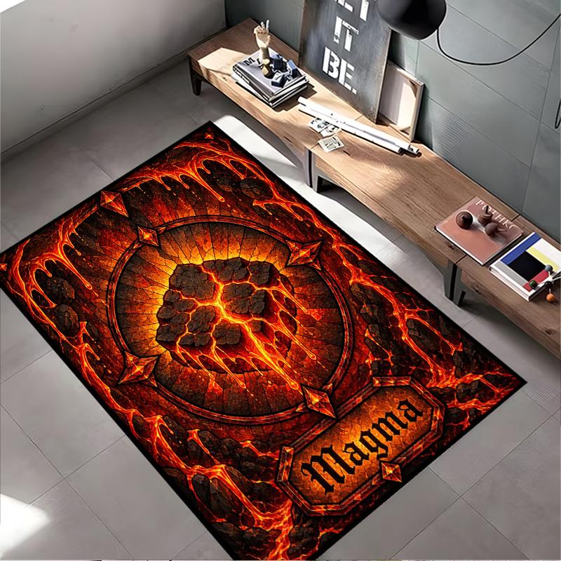Stained Glass Art Area Rug, Magma Lava Volcano Orange Red Flame Cathedral Window Print, Gothic Decor, Non-Slip Mat
