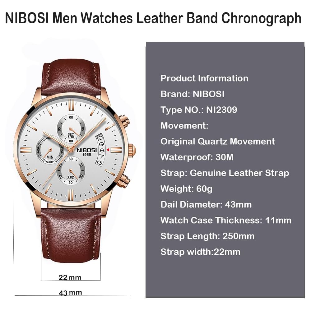 NIBOSI Men's Chronograph Watch Brown Leather Band Waterproof Analog Business Casual Big Face