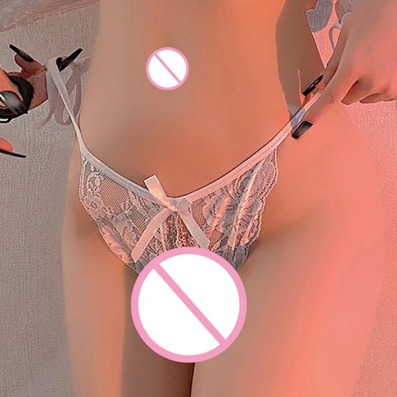 Sexy Lace Open Crotch Panties Women Mesh Perspective Underwear Ladies Lace Bow Thong Crotchless Briefs Erotic Lingerie