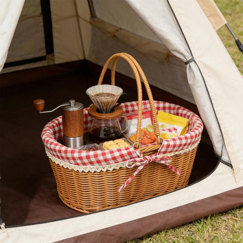 Woven Picnic Basket With Checkered Lining And Top Handle For Outdoor Camping Gathering And Fruit Vegetable Toy Storage