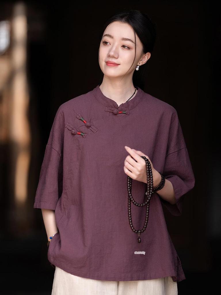 Women's Summer Cotton Linen Retro Stand Collar Top with Frog Buttons and Color Block Design