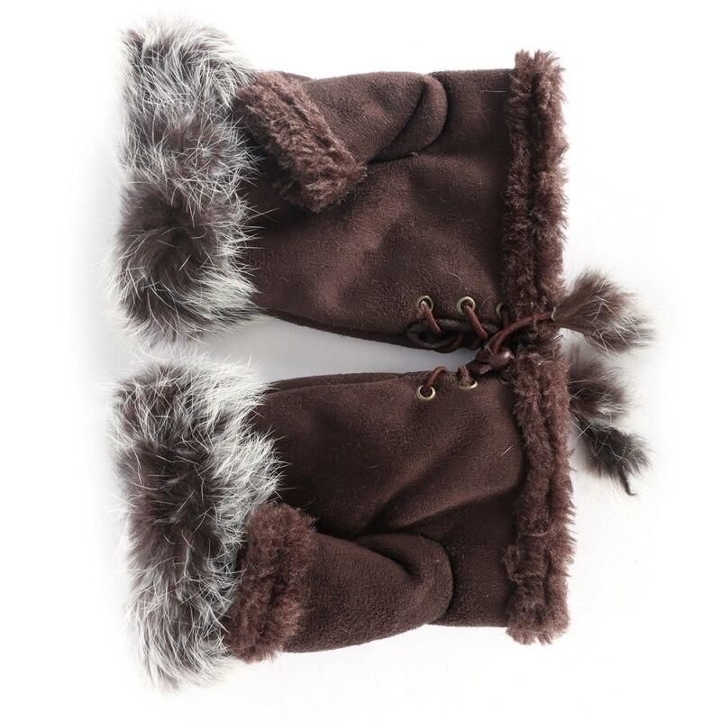 Women Teen Classic Winter Warm Rabbit Faux Fur Hands Wrist Fingerless Gloves Mittens Fingerless Hand Warmer Mitten Gloves