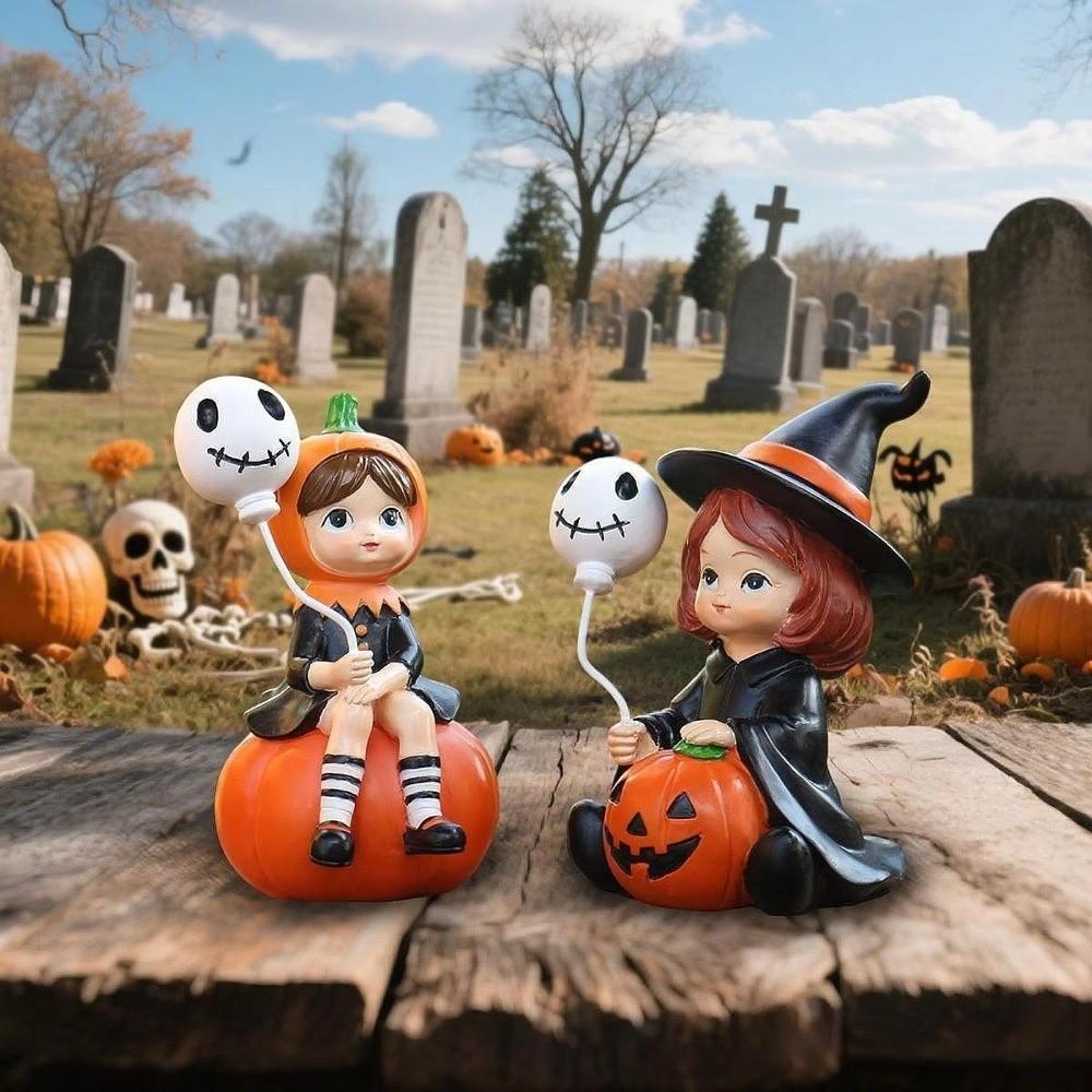 2pcs Witch Doll Pumpkin Girl Figurines Resin Halloween Party Ornaments  Bedroom Desk Decoration