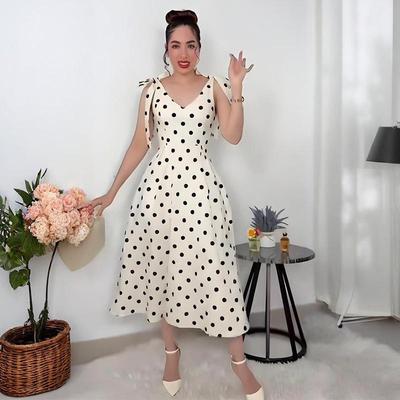 2025 Europäisches Ärmelloses V-Ausschnitt Polka-Dot Rückenfreies Kleid für Damen