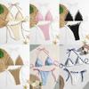 Lace Up Bikini Suit Ruffled Halter Neck Sling Swimsuit Fashion Swimwear Set  Swimming Pool