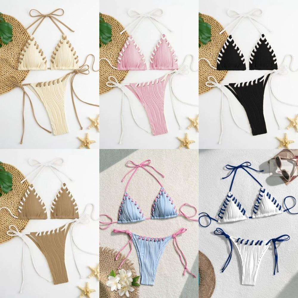 Lace Up Bikini Suit Ruffled Halter Neck Sling Swimsuit Fashion Swimwear Set  Swimming Pool