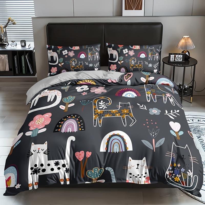 3pcs Cat & Floral Print Bedding Set - Includes 1 Duvet Cover and 2 Pillowcases, Breathable Polyester, Machine Washable - Perfect