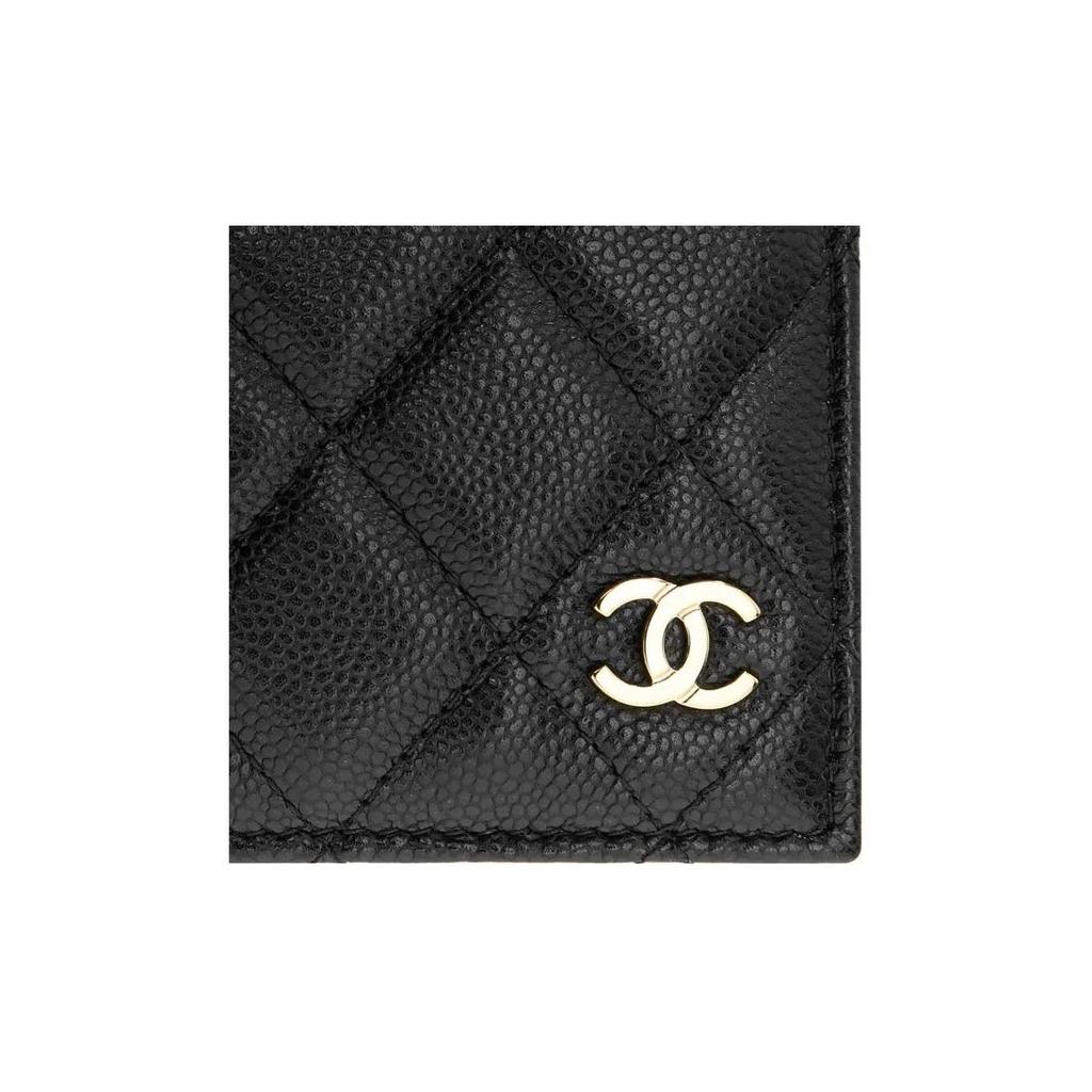 CHANEL 23B Gold Label Logo Diamonds Pattern Grainy Litchi Leather Passport Holder Card Holder Bag for Women Black