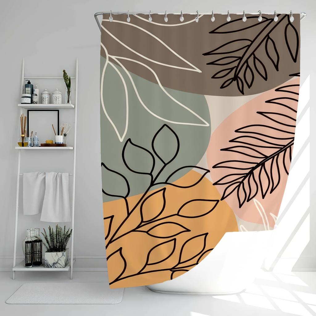 1 Modern Leaf Pattern Shower Curtain - Polyester, Machine Washable, With Colorful Leaves, Hook Included, Polyester Fabric