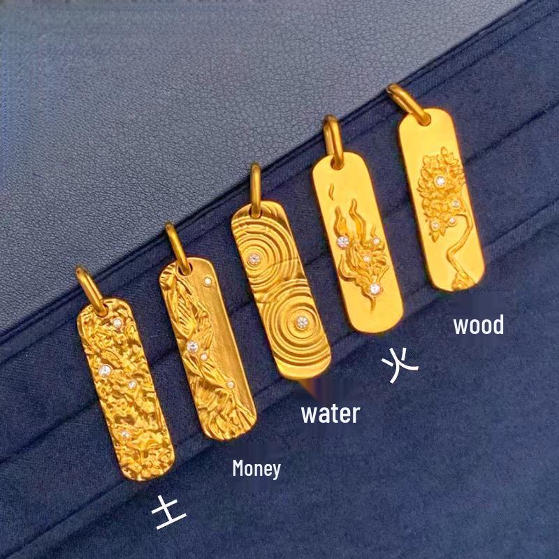 Ancient Gold Five Elements Pendant: Solid Chisel-Carved Square Bar Necklace - Gold, Wood, Water, Fire, Earth - Women's Gift