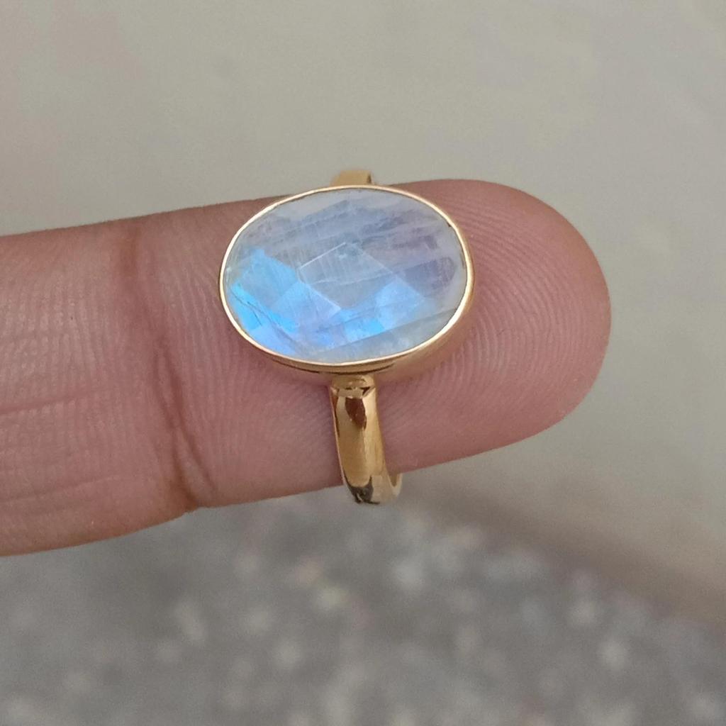 Rose Cut Rainbow Moonstone 925 Sterling Silver Yellow Gold Overlay Ring Jewelry