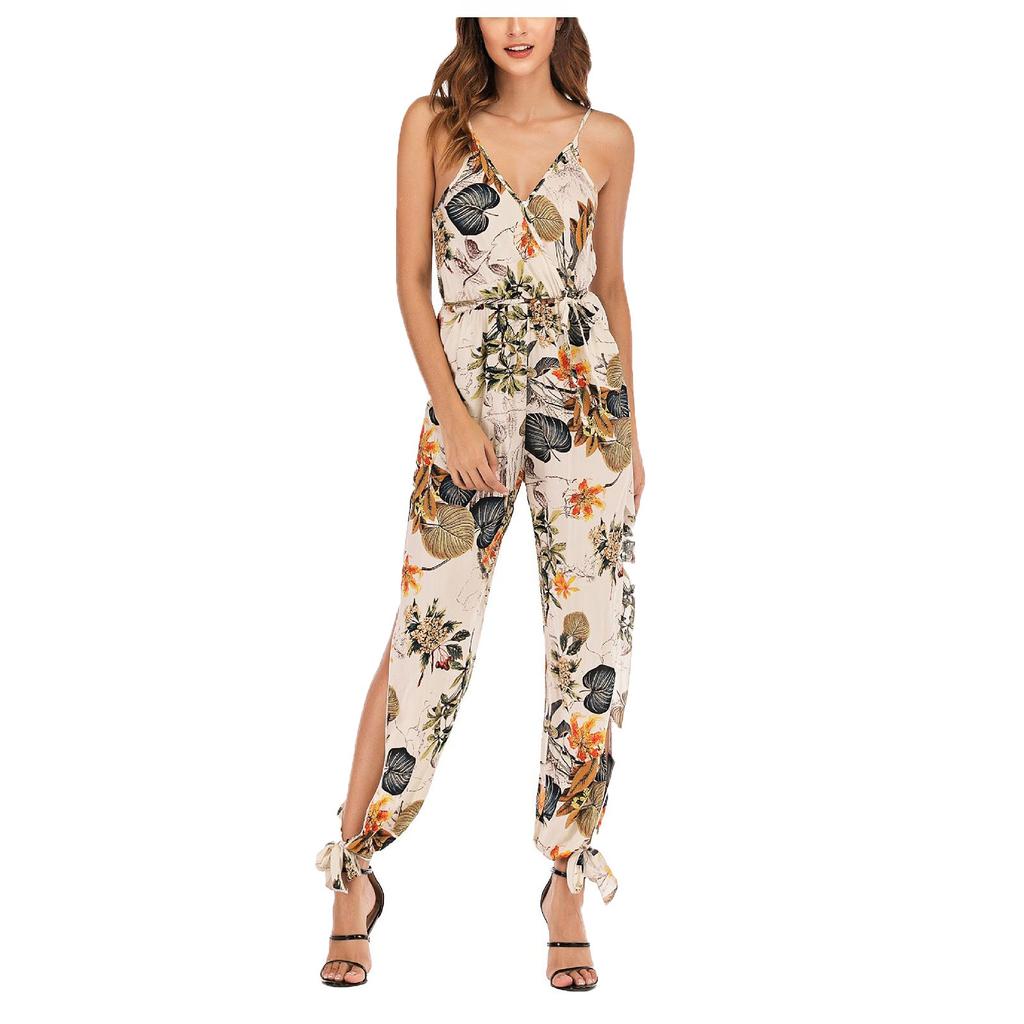 Fashion Spring And Summer Sexy Open Back Tether Deep V-Neck Sling Long Jumpsuit