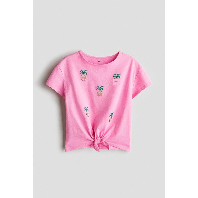 

Детская одежда HM Футболка для девочки 2025 Лето Новая Круглый вырез Свободный Западный стиль С бисером Повседневный Топ с коротким рукавом 1282324 Pink/Pineapple 140/68