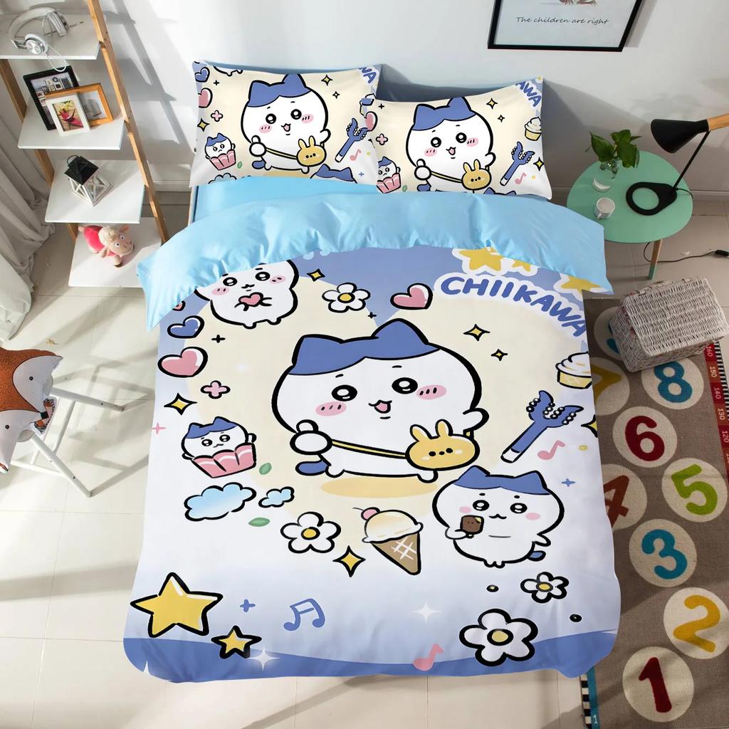 Cartoon Chiikawas Cute Themed Bedding Set Colorful Print Polyester Student Dormitory Bed Sheet Quilt Cover Kid Gift Home Textile