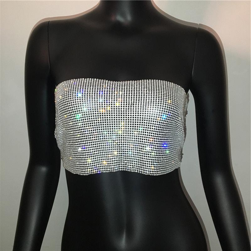 Women s Rhinestone Strapless Bustier Vest - European American Style One Size серебряный