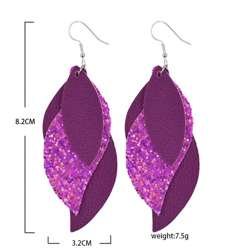 Fashion 3 Layer Stackable Glitter Faux Leather Teardrop Earrings For Women PU Leaf Shaped Lightweight Dangle Earrings Jewelry