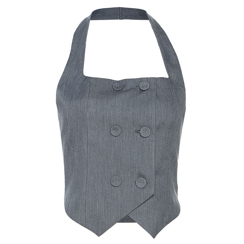 

Странный Кислый Ретро Стиль Дизайн Пуговиц Костюм Маленький Топ-Слинг Без Спины Облегающий Шикарный Короткий Топ для Женщин Gray S